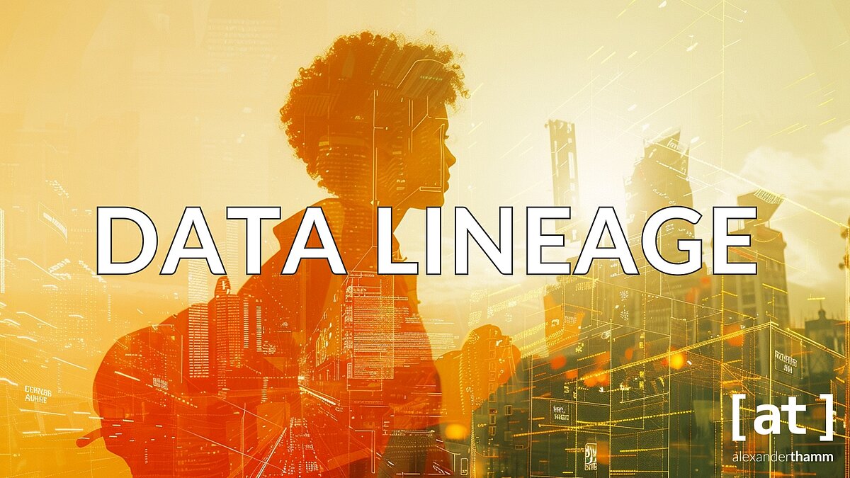 Data Lineage Data Lineage, a double exposure of a person looking back over their shoulder and an orange-colored (HEX #FF792B) data infrastructure, half figure, big city life