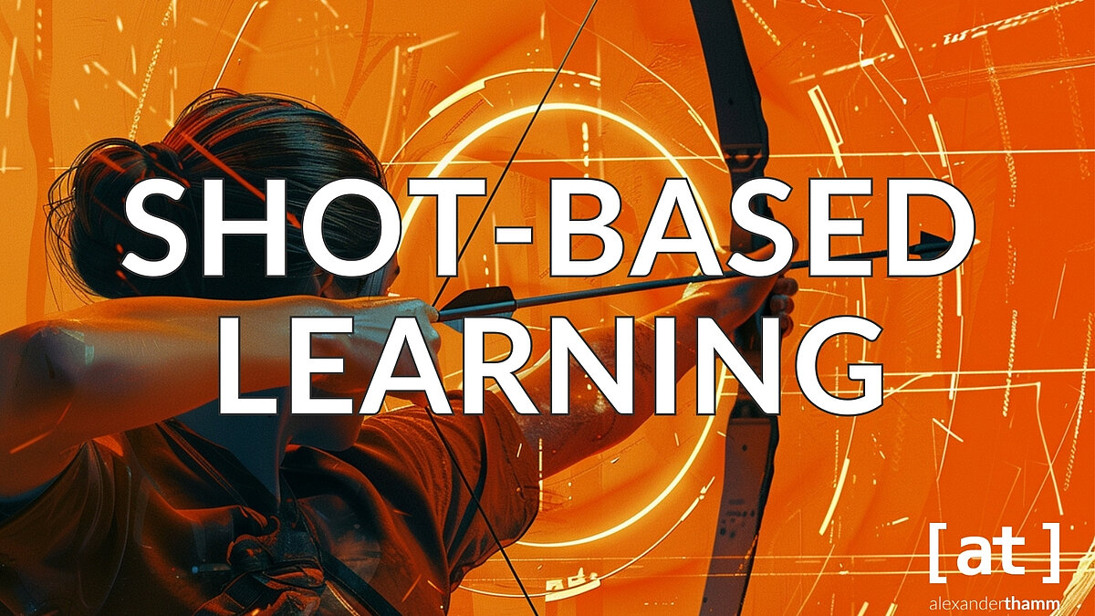 Shot-based Learning Shot-based Learning, eine Bogenschützin, die auf ein entferntes Objekt zielt, von einigen grafischen Elementen überlagert