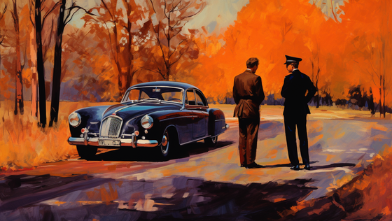 System für die Fahrzeugzulassung System für die Fahrzeugzulassung, ein Zollbeamter vor einem Aston Martin DB5, Papiere kontrollierend, in einer ländlichen Gegend