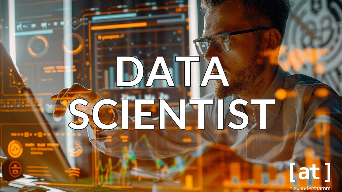 Data Scientist, ein Mann an seinem Laptop arbeitend, einige visuelle Elemente über das Bild gelagert