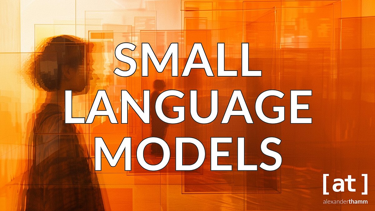 Small Language Models, two technologies of different sizes as personifications of language, orange-colored (HEX #FF792B) distortions, double exposure, organic installation, --ar 16:9 --v 6.0