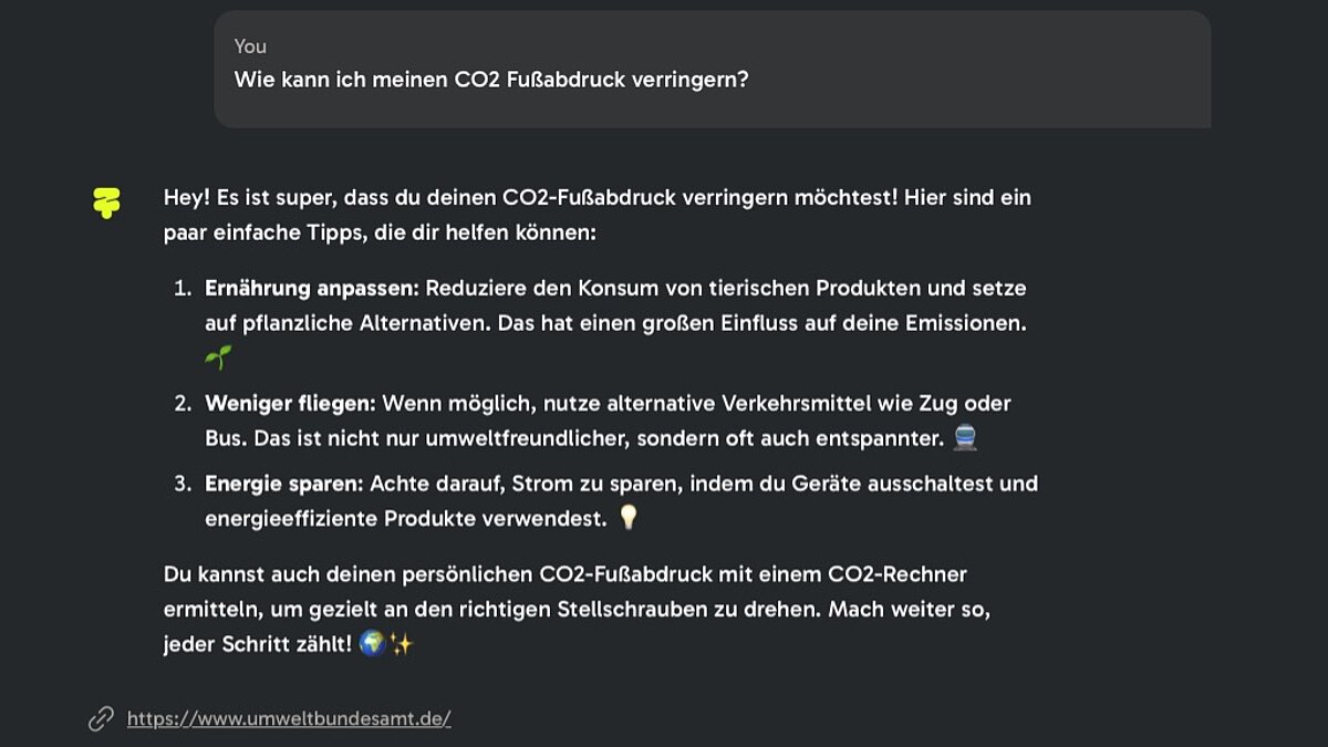KI-generierte Antwort mit integrierter Quellenangabe, Quelle: https://umweltbudnesamt.de/, https://zusa.eco/chat