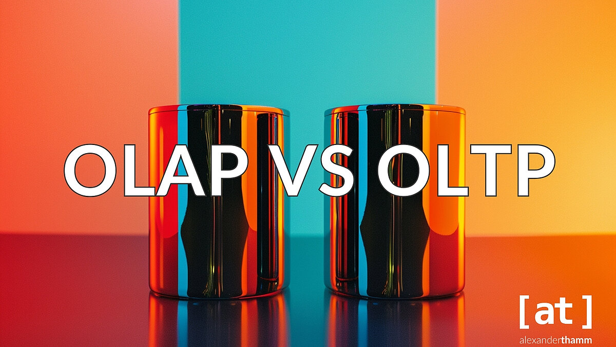 OLAP vs. OLTP, zwei zylinderförmige Datenbanken aus spiegelndem Metall vor einem mehrfarbigen Hintergrund