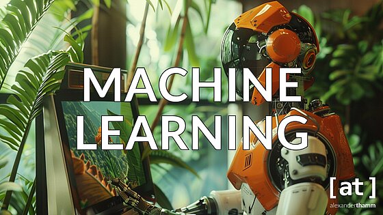 Machine Learning, ein humanoider Roboter, der an einem Bildschirm Inhalte über die Umwelt lernt