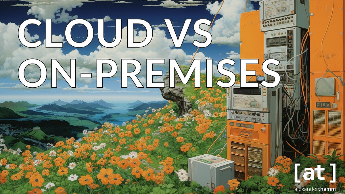 Cloud vs. On-Premises Cloud vs. On-Premises, ein alter Tower-PC in einer weiten, steilen Landschaft mit vielen Blumen und einem wolkigen Himmel