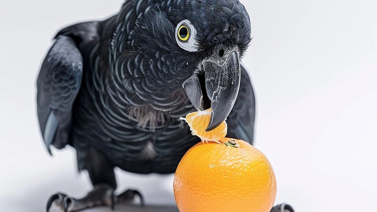 black parrot minimalistic photographie of black parrot, eating oranges, white background --ar 4:3