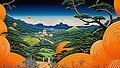 /imagine a large-format picture with a figure leaning on an orange (HEX #FF792B) tower PC in the foreground, in the background a wide wooded valley, with gently sloping cliffs and a bright, cloudy sky, low horizon, in the style of Pumpkin and Fruits by Yayoi Kusama, --ar 1600:1000