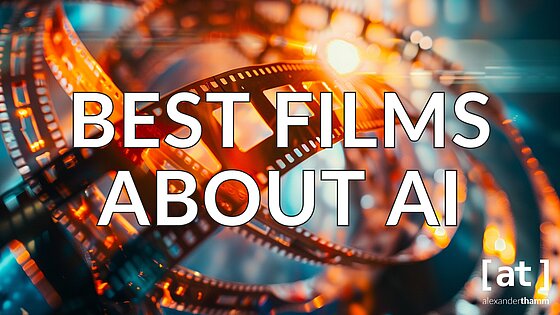 Best Films about AI, a curved filmstrip and an orange-colored (HEX #FF792B) robot, double exposure, --ar 16:9 --v 6.0
