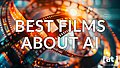 Best Films about AI, a curved filmstrip and an orange-colored (HEX #FF792B) robot, double exposure, --ar 16:9 --v 6.0