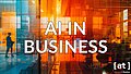 AI in Business, Einsatzgebiete von KI in Unternehmen, a company site with semi-open production buildings and administrative offices that allow a view inside, people at work, an orange-colored (HEX #FF792B) hard disk circuit board, slight double exposure, --ar 16:9 --v 6.0