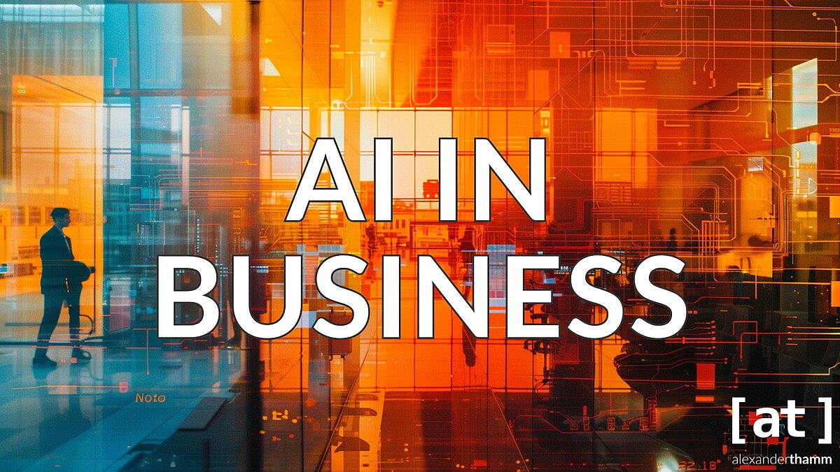 AI in Business, Einsatzgebiete von KI in Unternehmen, a company site with semi-open production buildings and administrative offices that allow a view inside, people at work, an orange-colored (HEX #FF792B) hard disk circuit board, slight double exposure, --ar 16:9 --v 6.0