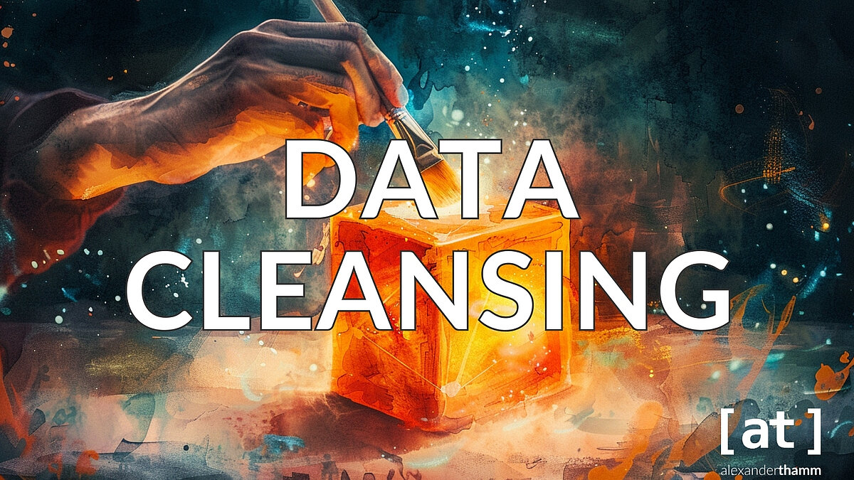 Data Cleansing Data Cleansing, die Hand einer Person, die einen orangen Datenwürfel abstaubt
