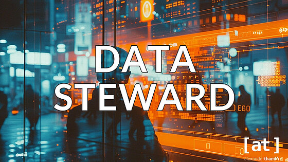 Data Steward, ein Datenverwalter vor einem projizierten Bildschirm in einer dunklen, unwirtlichen Umgebung