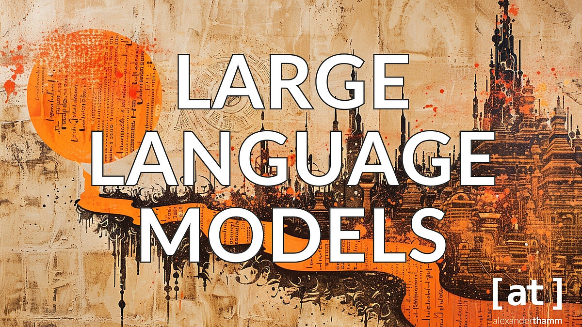 Einführung in Large Language Models, ein orangefarbener Strom fließt um eine angedeutete Architektur