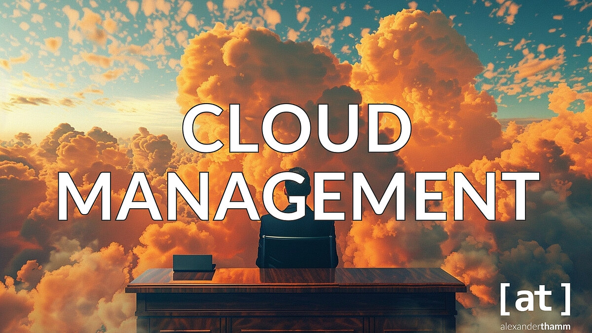 Cloud Management, ein Manager hinter seinem Schreibtisch sitzend und auf den Abend-Horizont voller Wolken blickend