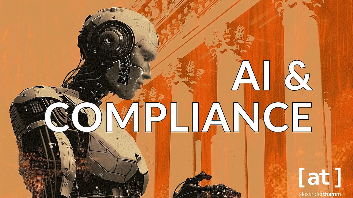 KI und Compliance KI und Compliance, ein Roboter aus weißem Metall, im Hintergrund ein klassischer Portikus eines griechischen Tempels