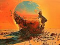 /imagine a personification of language melting under an orange (HEX #FF792B) sun, surrealism in the style of Salvador Dalí, --ar 8:5