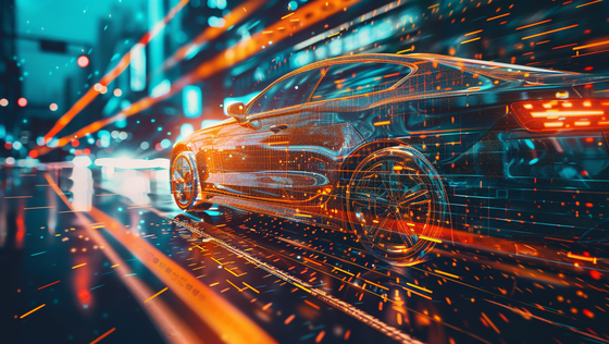 Data Visualization in Automotive After-Sales Data Visualization in Automotive After-Sales, a management dashboard and a modern car, double exposure, some orange-colored (HEX #FF792B) highlights, --ar 16:9 --v 6.0