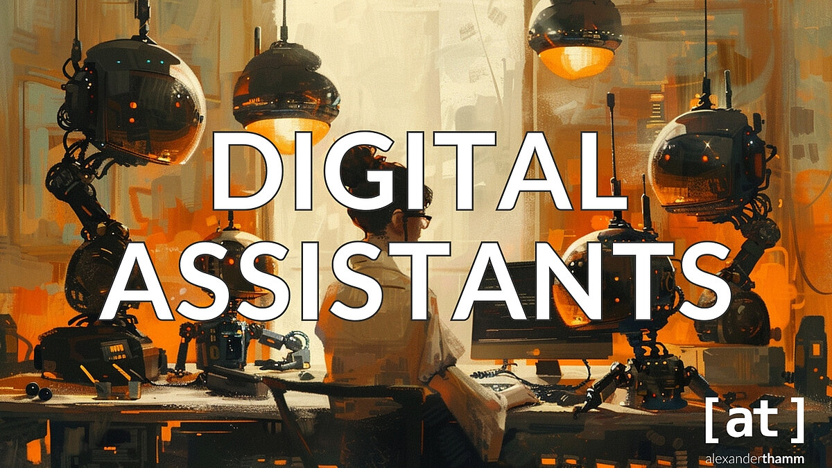 Digitale Assistenten, eine Angestellte, die von zahlreichen Robotern unterstützt wird