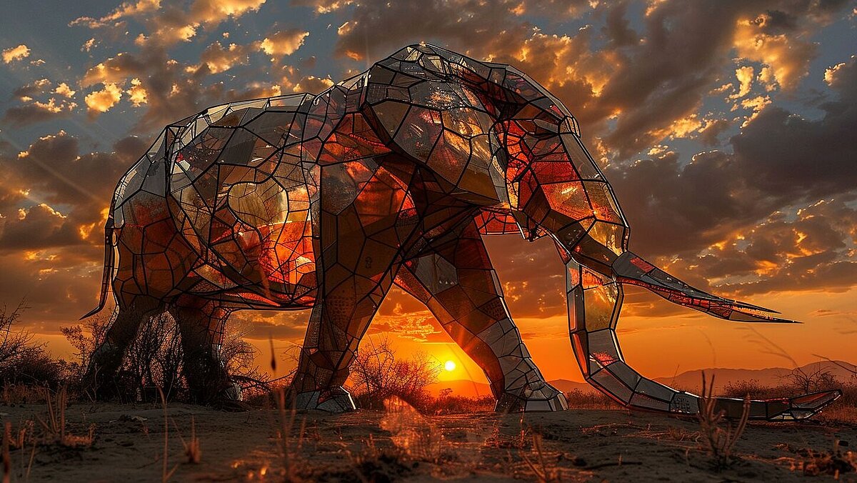 Elephant made of glass /imagine Elephant made of glass, Kintsugi, orange sunset, national geographic, scenic landscape --ar 16:9