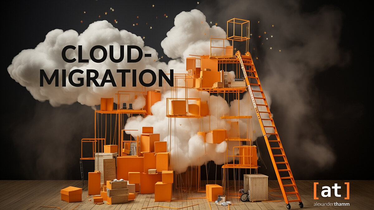 Cloud-Migration: Ein Leitfaden für Unternehmen Cloud-Migration, ein Leitfaden für Unternehmen, einige orange-farbenen Pakete und Regale vor einer Ansammlung plastischer Wolken