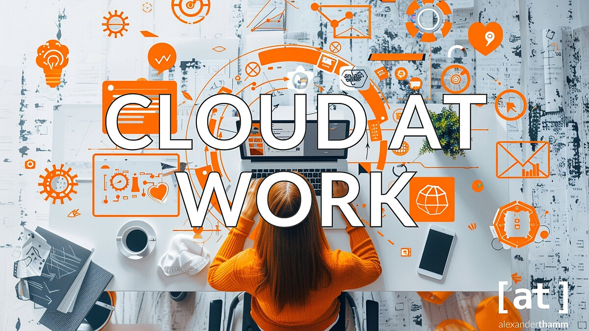 Cloud am Arbeitsplatz, eine Angestellte, die am Schreibtisch sitzend aus der Vogelperspektive zu sehen ist, von zahlreichen Symbolen umgeben