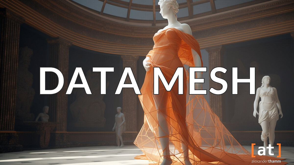 Data Mesh eine Einführung, eine weibliche Plastik, mit einem orangen Netzstoff bekleidet