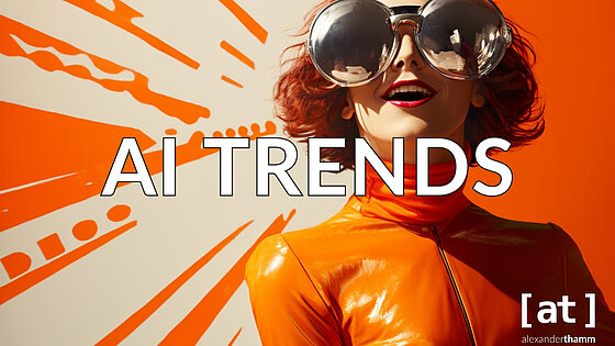 KI Trends, Modefotografie mit einer Frau mit runder Sonnenbrille und einem orangen Anzug