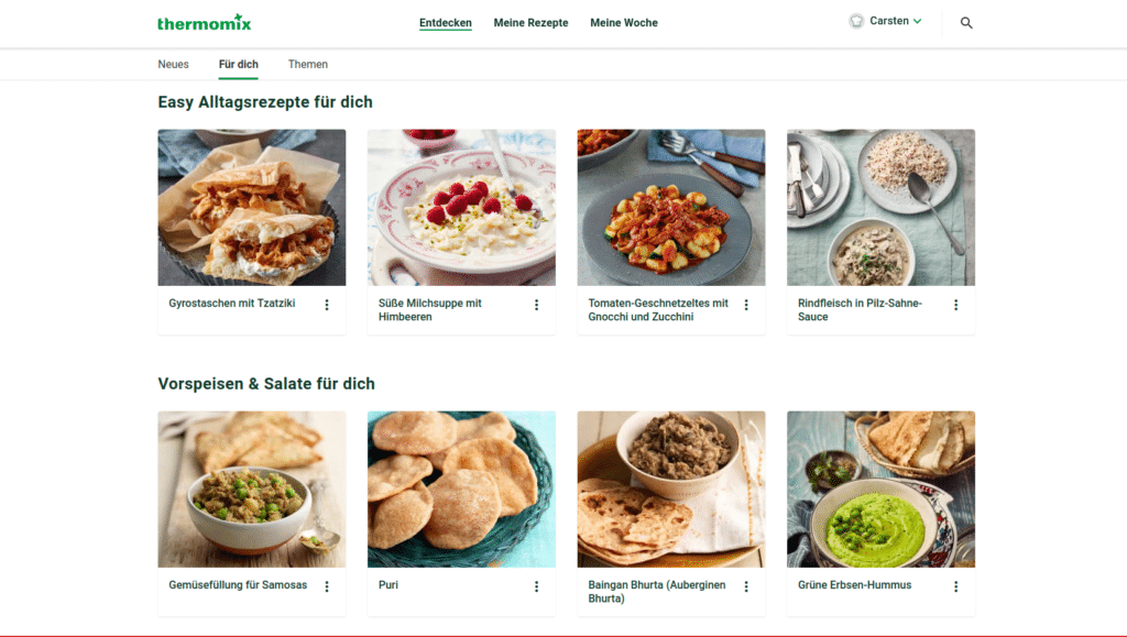 Captura de pantalla de la sección Para ti de cookidoo.de. Se muestran ocho recetas en dos franjas horizontales.
