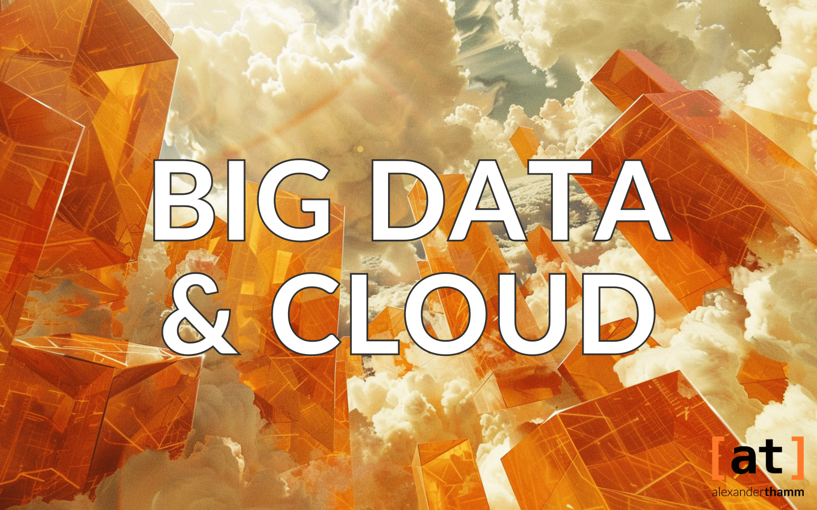Big data and cloud computing, glass skyscrapers in a landscape full of clouds
