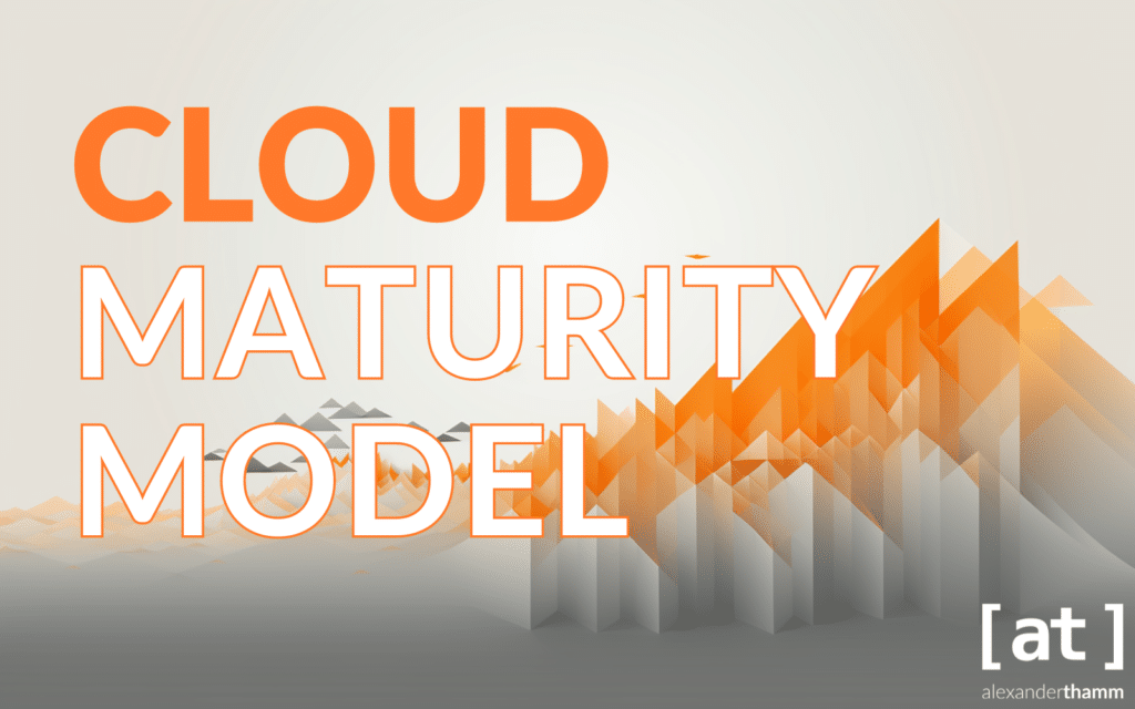 Cloud Maturity Model, an ascending architectonics of grey and orange, next to some clouds and birds