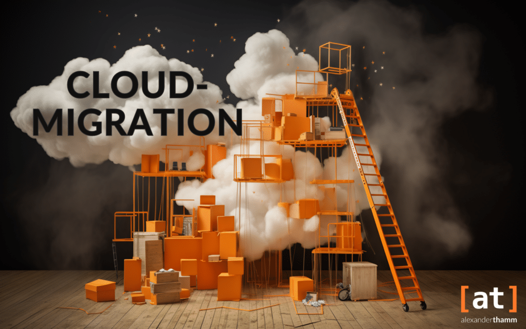 Cloud migration, a guide for businesses, some orange-coloured packages and shelves in front of a collection of plastic clouds