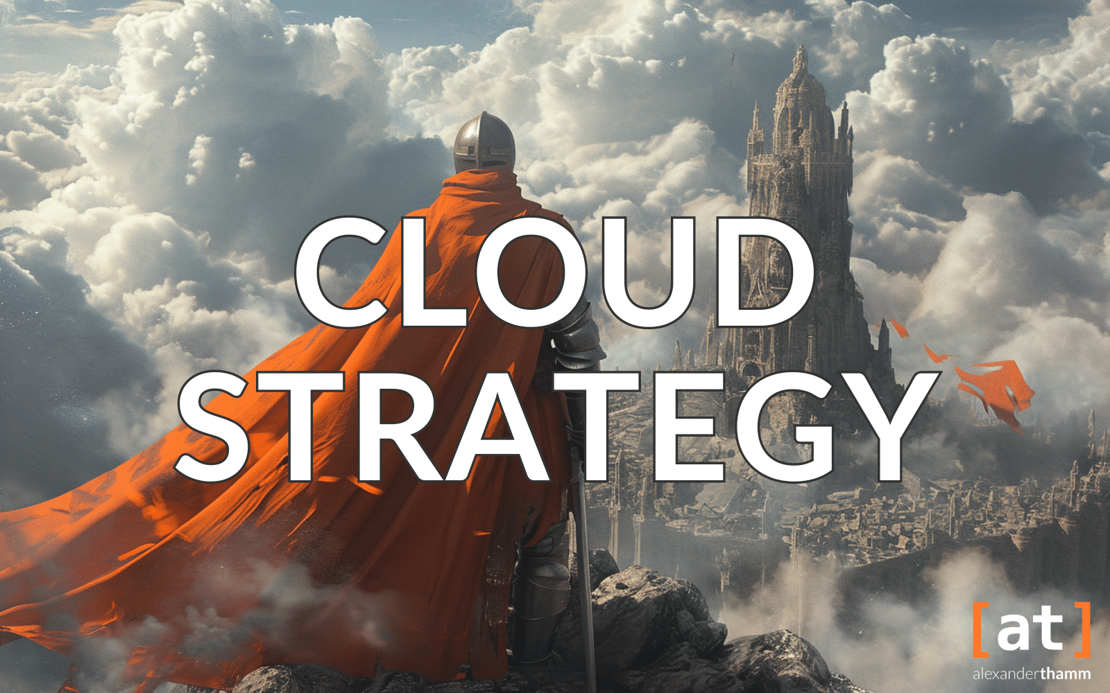 Cloud strategy, a knight with an orange cloak on a rocky outcrop, in the background a fortress with a large castle tower in an architecture of clouds