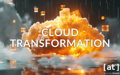 Cloud Transformation, eine orange-farbene Wolkenformation mit zahlreichen funkelnden Blöcken