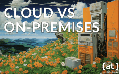 Cloud vs. On-Premises, ein alter Tower-PC in einer weiten, steilen Landschaft mit vielen Blumen und einem wolkigen Himmel