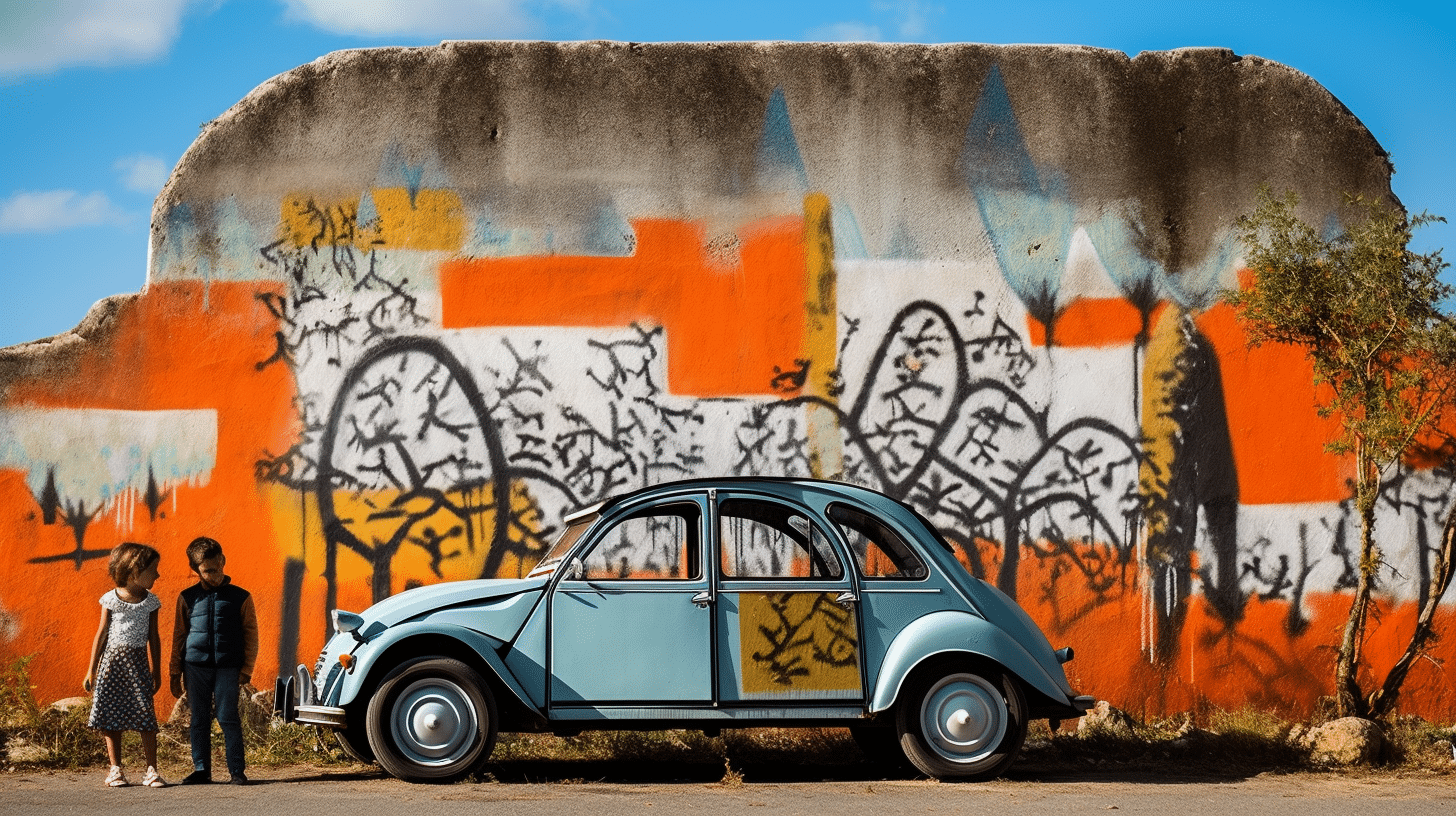 Diseño de salpicadero para una empresa de automóviles, un Citroen 2 CV frente a una pared con un graffiti pop art, dos niños junto al coche.