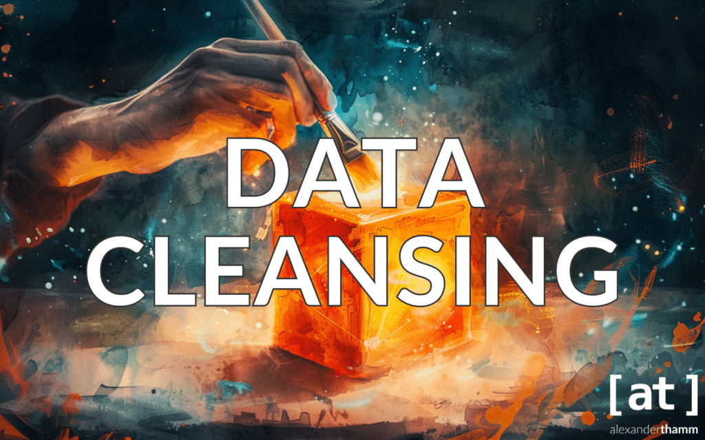 Data Cleansing, die Hand einer Person, die einen orangen Datenwürfel abstaubt