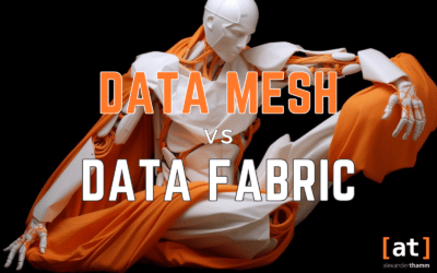 Data Mesh vs Data Fabric, un robot humanoide con bata blanca, en Elegy, envuelto en una bata naranja, Alexander Thamm GmbH Blog