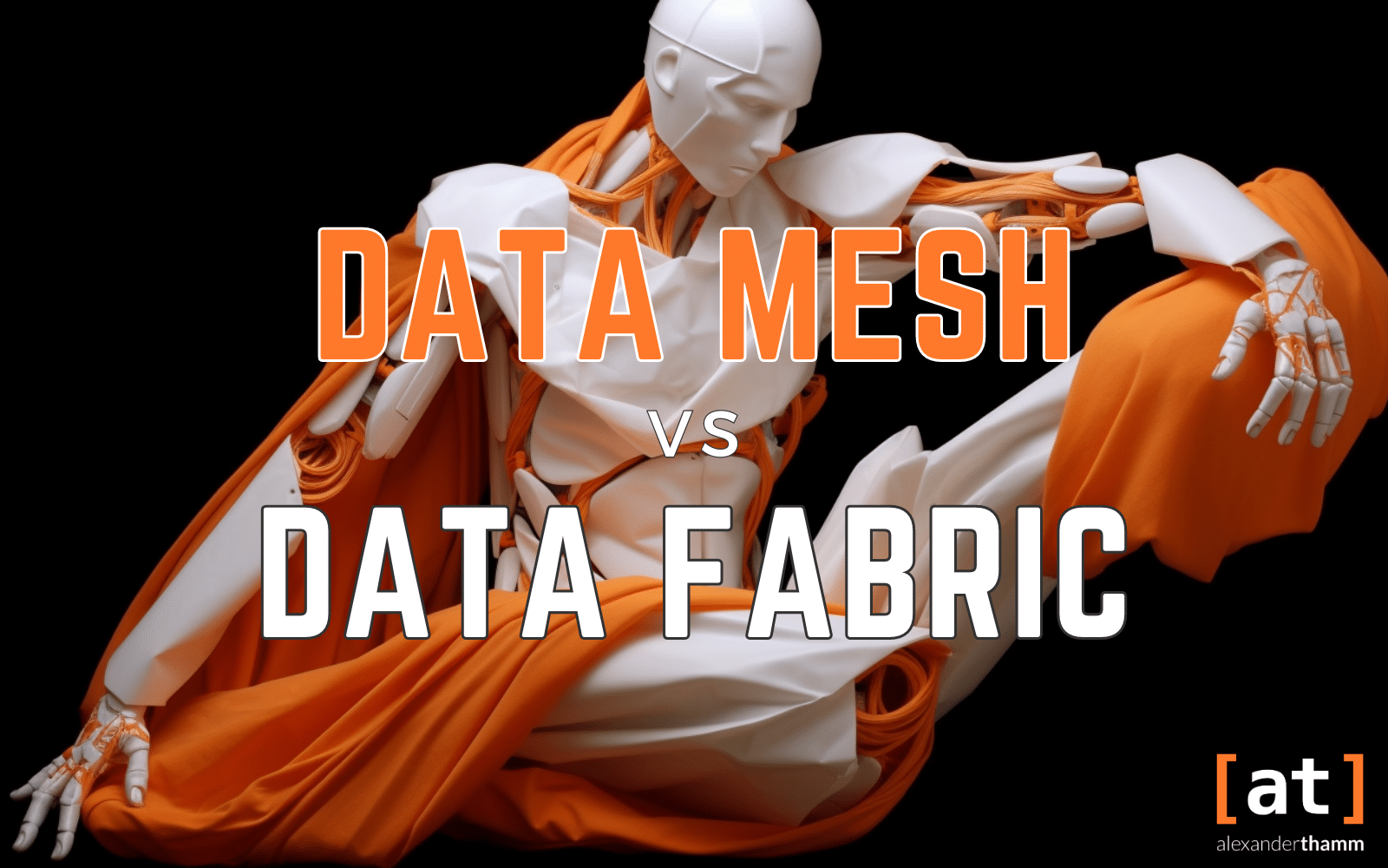 Data Mesh vs Data Fabric, un robot humanoide con bata blanca, en Elegy, envuelto en una bata naranja, Alexander Thamm GmbH Blog