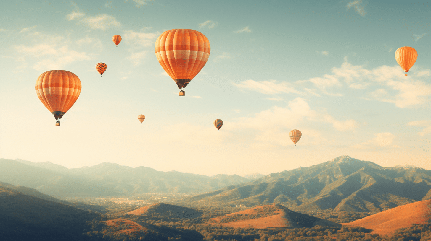 Data sharing in the aviation industry, a collection of hot air balloons in a vast foothills landscape
