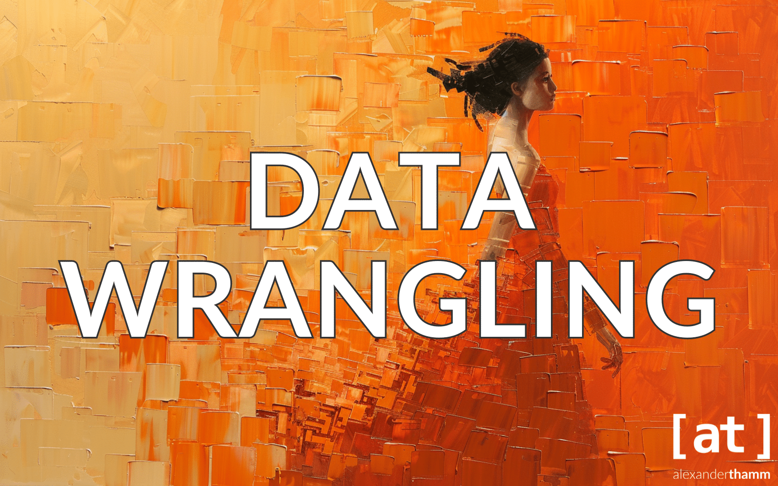 Data Wrangling, eine Frau, die ein Kleid aus orangefarbenen Elementen trägt