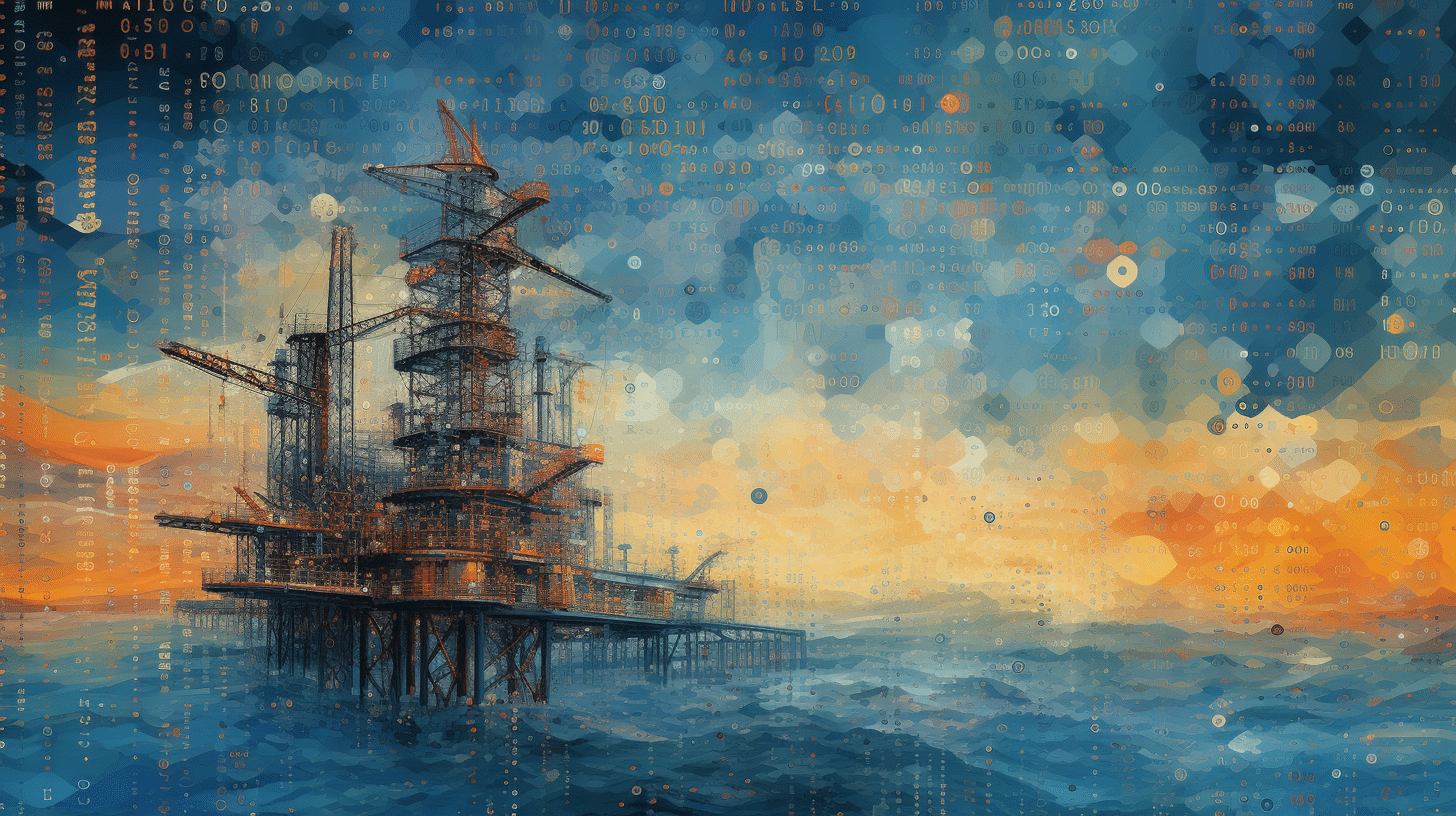 Data platform for use cases for a logistics company, an oil platform at sunset in a sea of data and numbers