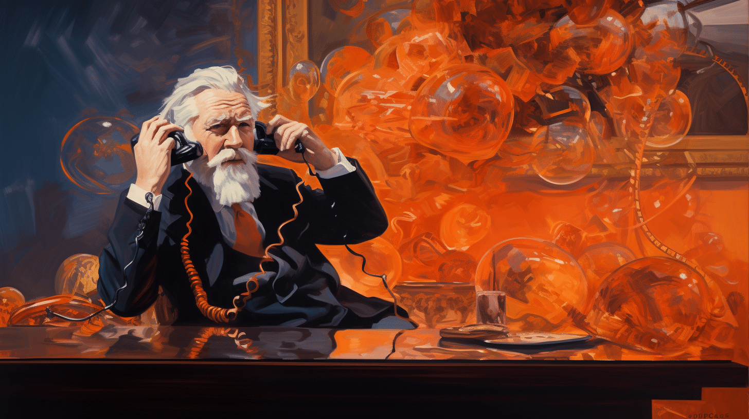 Satenvisualisierung für ein Telekommunikationsunternehmen, Alexander Graham Bell, telefonierend, hinter seinem Schreibtisch futuristische Objekte in orange