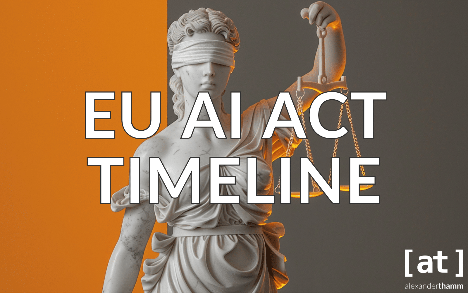 EU AI Act Timeline, eine Figur einer Justitia mit Augenbinde und ihrer Waage vor einem orange-grauen Hindergrund