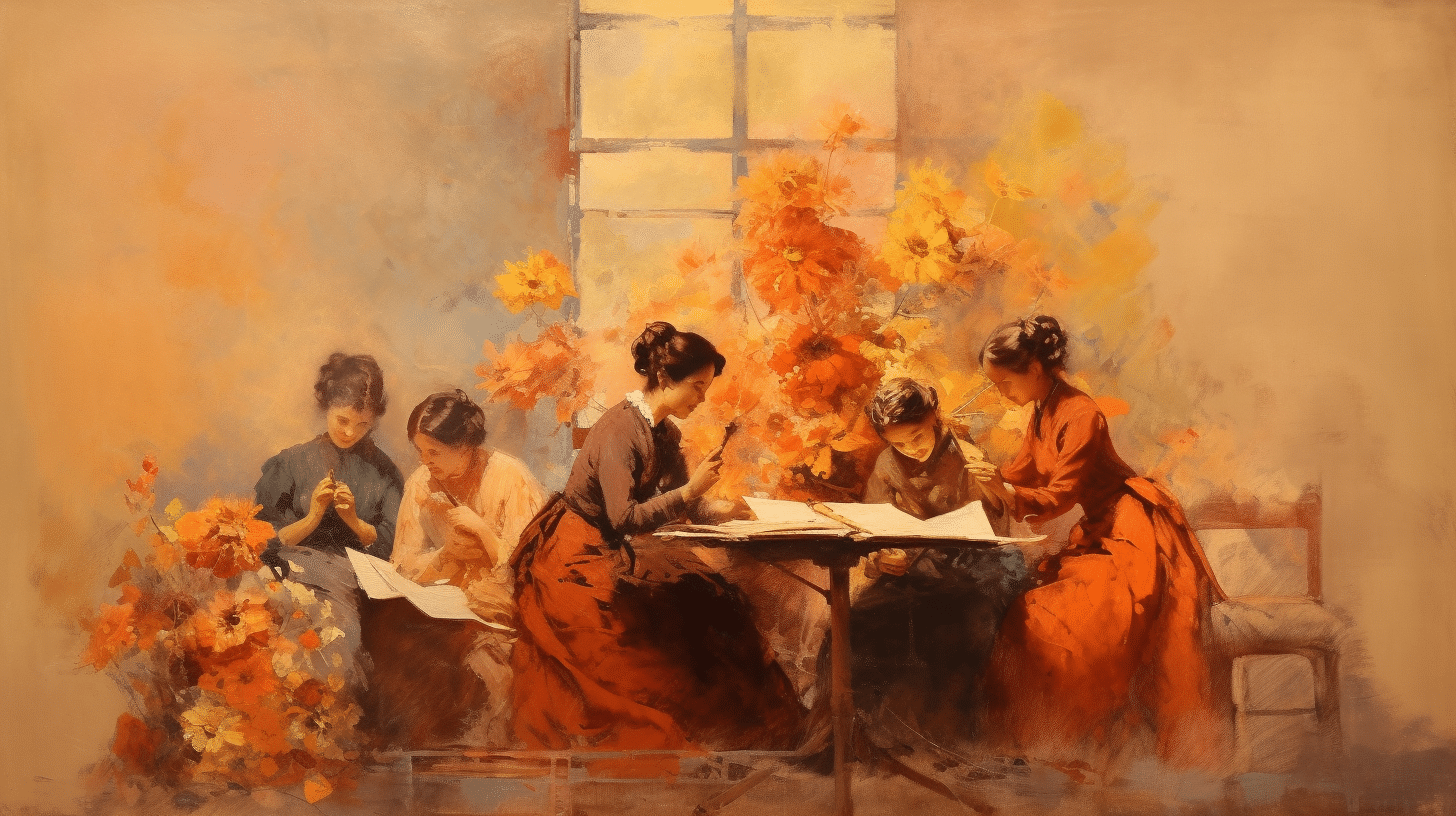 Basic training in data visualisation, a group of female painters making a study of flowers