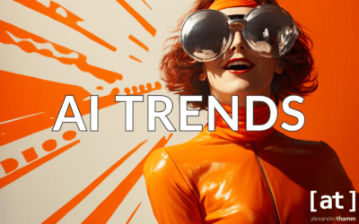 KI Trends, Modefotografie mit einer Frau mit runder Sonnenbrille und einem orangen Anzug