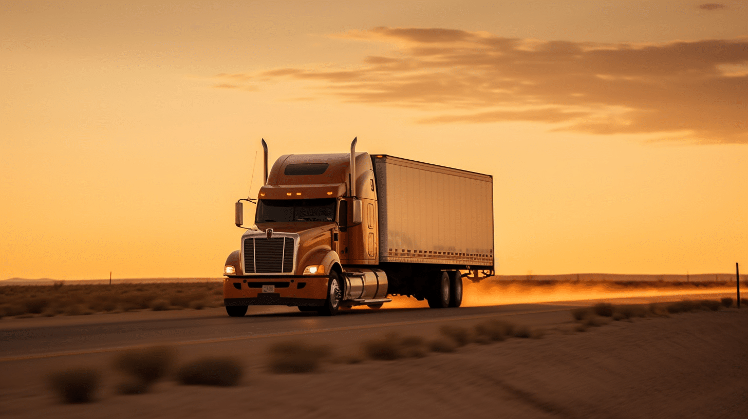 MLOps in transport and logistics, a Freightliner semi-trailer truck on a track in the US semi-desert at sunset.