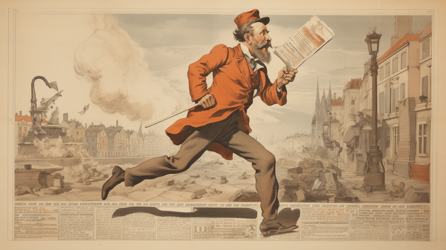 Optimised information research for a publishing house, a caricature of a journalist running across a street