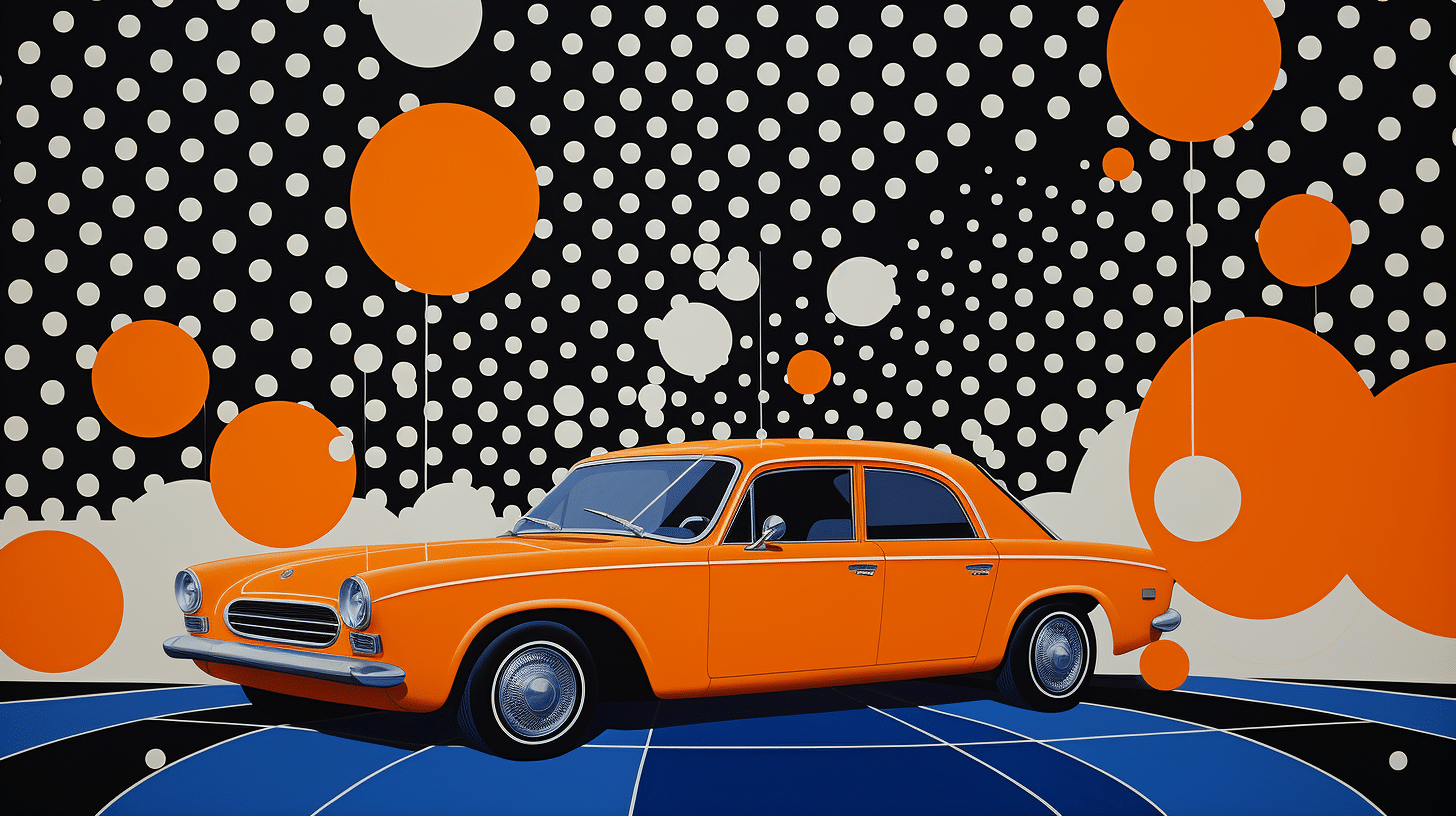 Reporting nach IBCS für einen Automobilhersteller, ein oranger Wagen in einer grafischen Wolke von farbigen Punkten