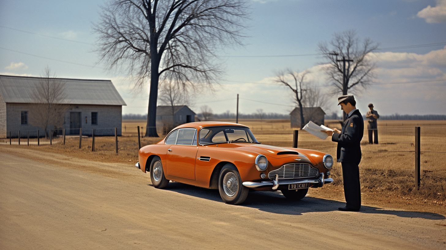 Vehicle registration system, a customs officer in front of an Aston Martin DB5, checking papers, in a rural area.